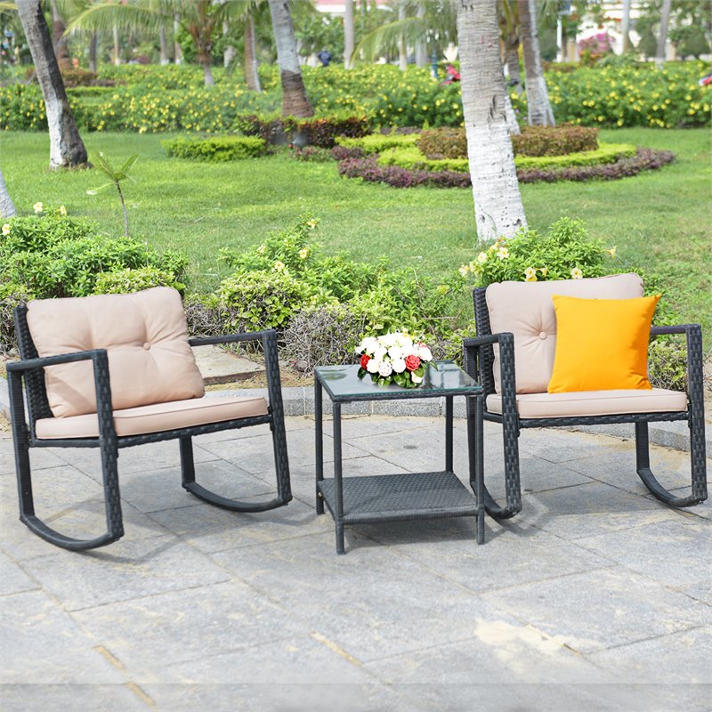 Pemberly Row 3-piece Rattan Patio Conversation Set with Cushioned Sofa in Black