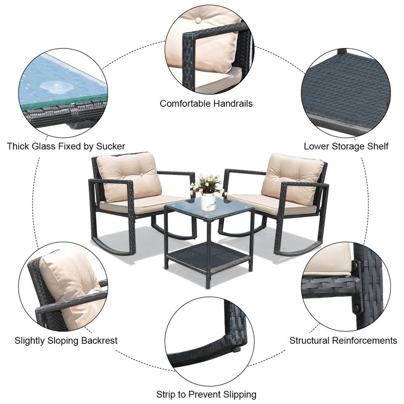 Pemberly Row 3-piece Rattan Patio Conversation Set with Cushioned Sofa in Black