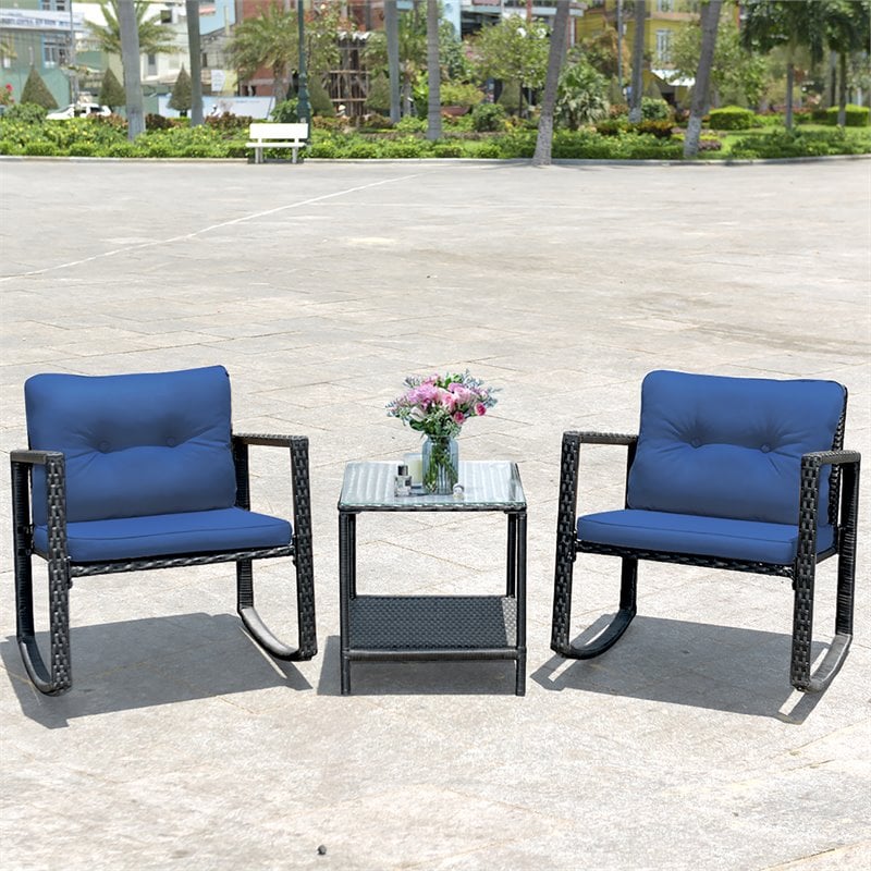 Pemberly Row 3-piece Steel and Rattan Patio Rocking Chair Set in Navy