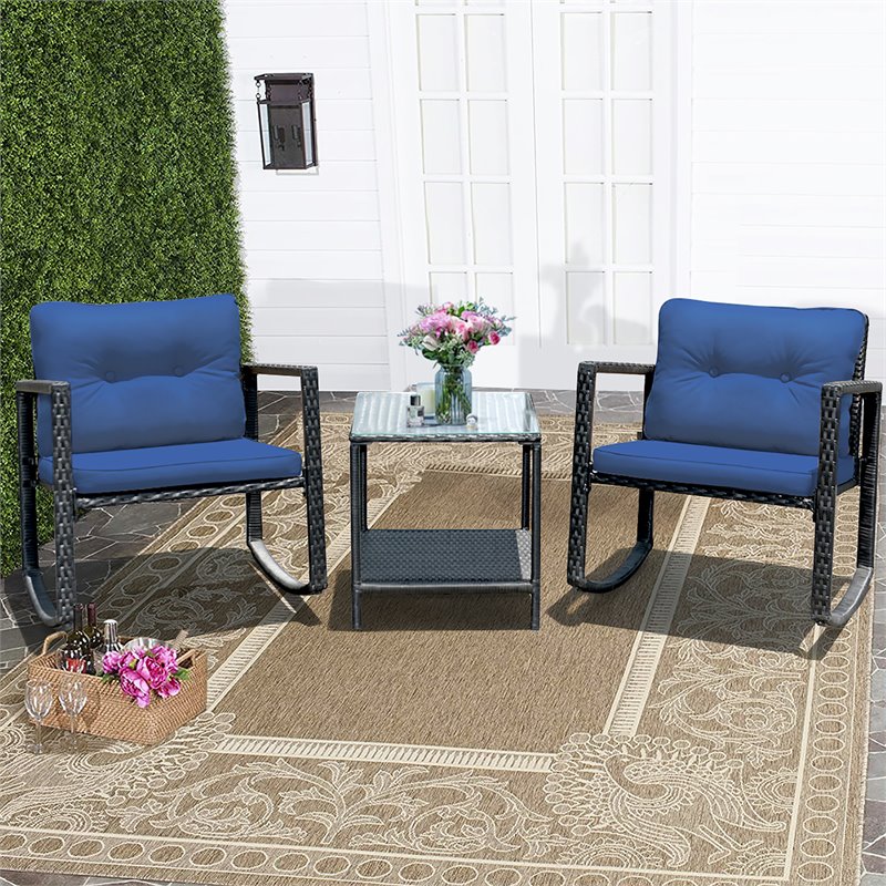 Pemberly Row 3-piece Steel and Rattan Patio Rocking Chair Set in Navy