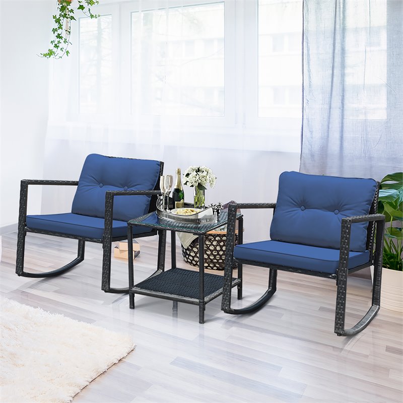 Pemberly Row 3-piece Steel and Rattan Patio Rocking Chair Set in Navy