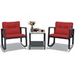 Pemberly Row 3-piece Steel and Rattan Patio Rocking Chair Set in Burgundy Red
