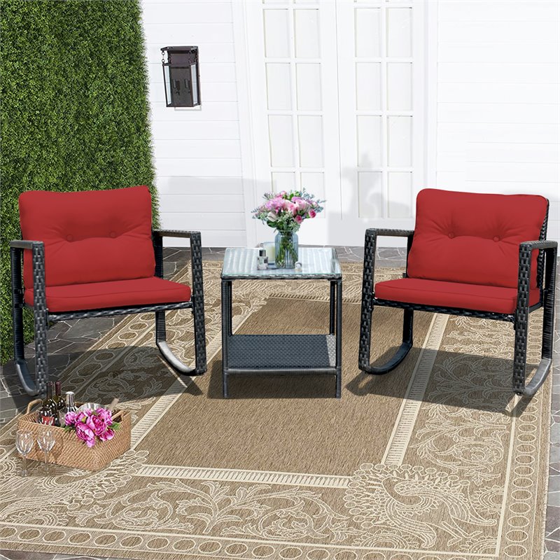 Pemberly Row 3-piece Steel and Rattan Patio Rocking Chair Set in Burgundy Red