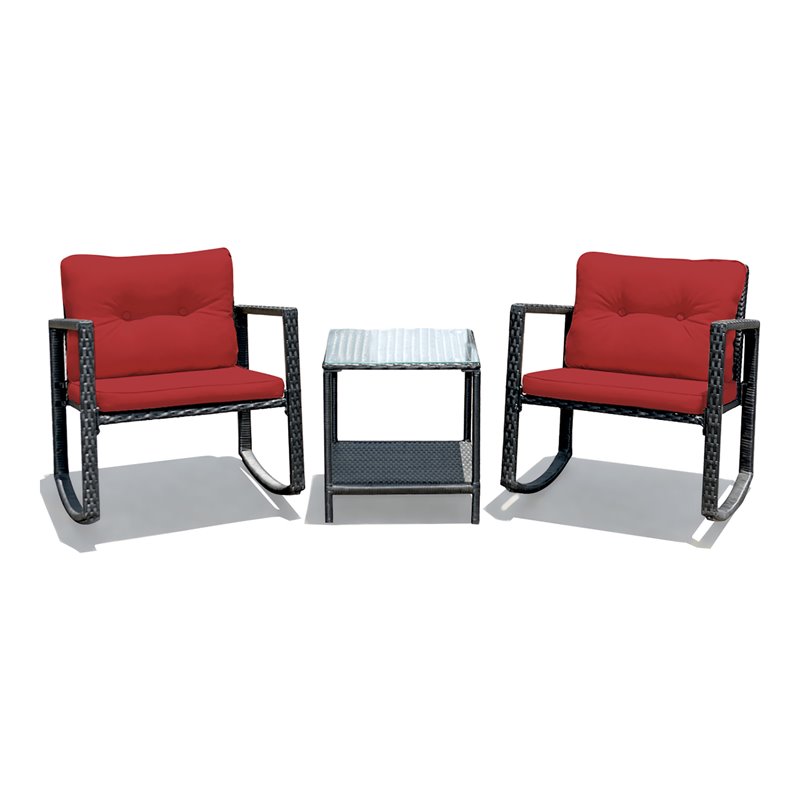 Pemberly Row 3-piece Steel and Rattan Patio Rocking Chair Set in Burgundy Red