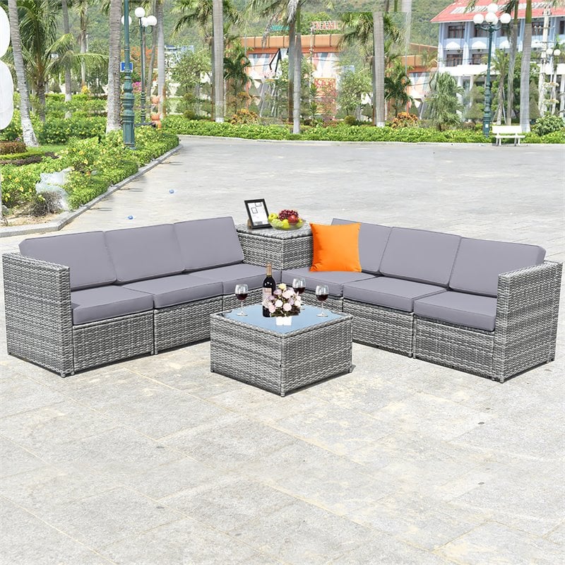 Pemberly Row 8-piece Polyester and Rattan Patio Sofa Set with Storage in Gray