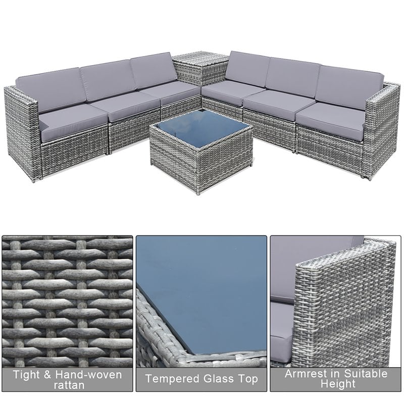 Pemberly Row 8-piece Polyester and Rattan Patio Sofa Set with Storage in Gray