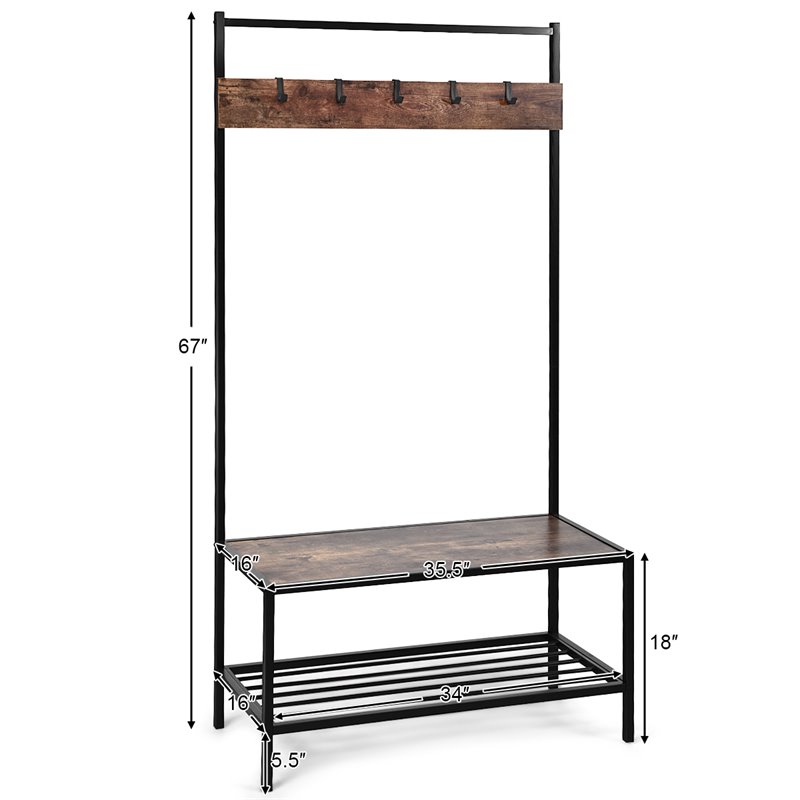Pemberly Row Contemporary Iron and MDF Hall Tree with 5 Hooks in Coffee
