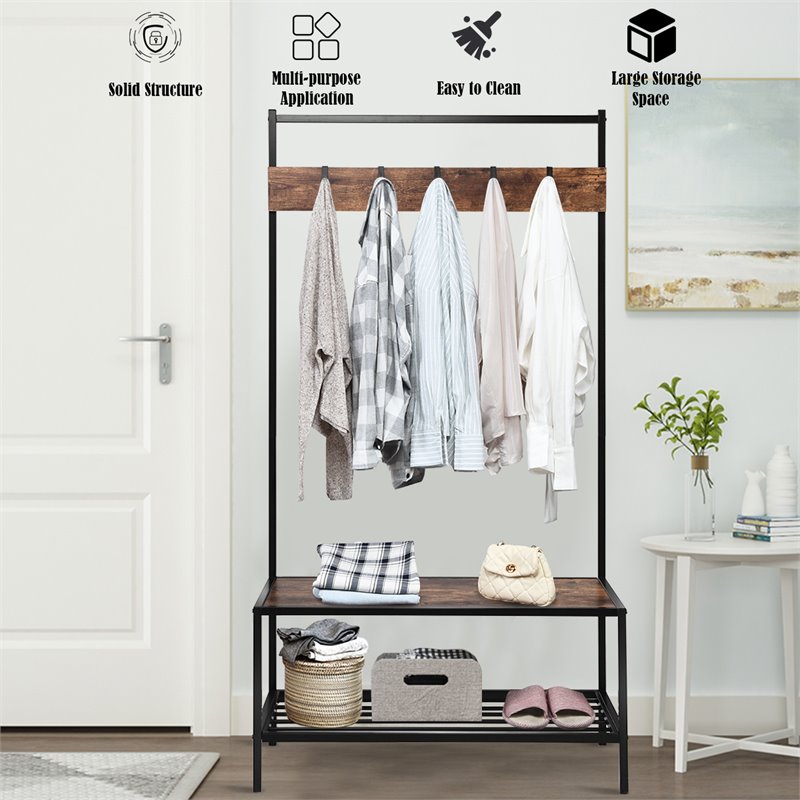Pemberly Row Contemporary Iron and MDF Hall Tree with 5 Hooks in Coffee