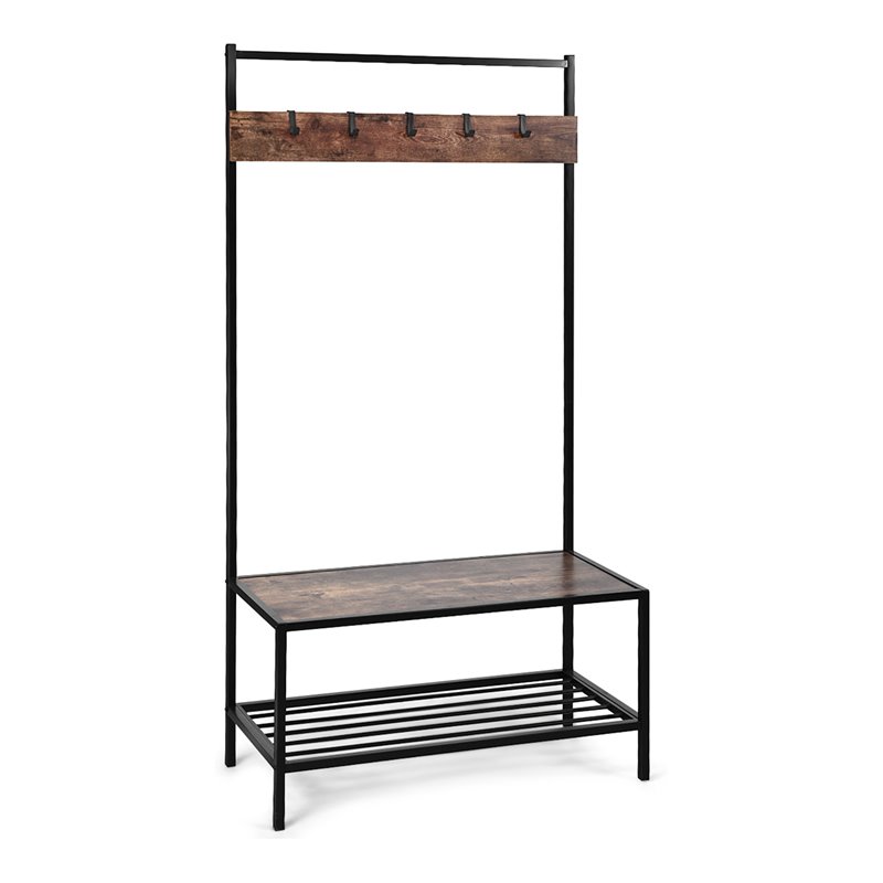 Pemberly Row Contemporary Iron and MDF Hall Tree with 5 Hooks in Coffee