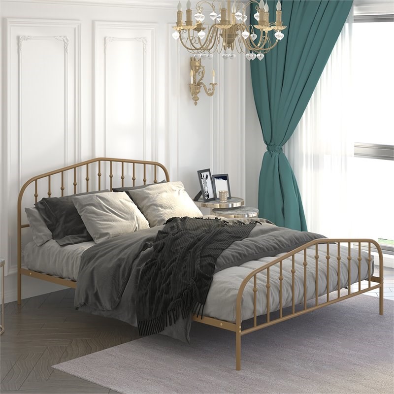 Pemberly Row Iron Queen Size Slat Platform Headboard Footboard in Brown