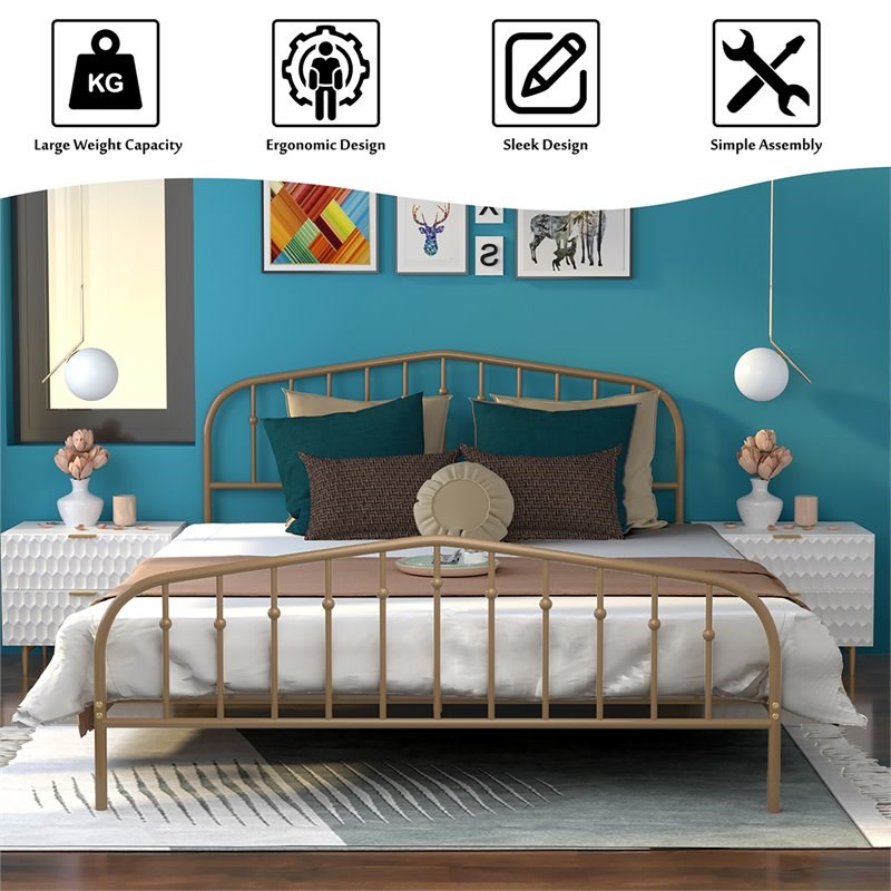 Pemberly Row Iron Queen Size Slat Platform Headboard Footboard in Brown