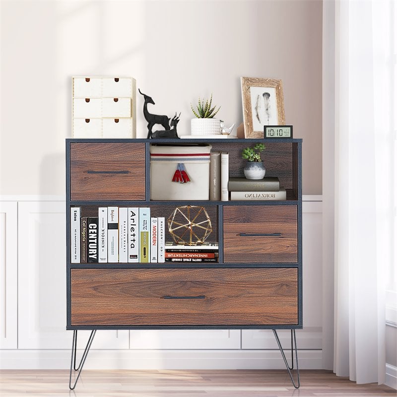 Pemberly Row Engineered Wood Sideboard with Metal Leg and Drawers in Walnut