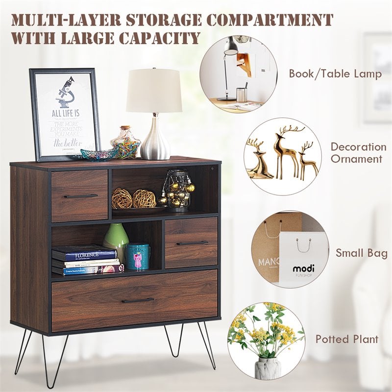 Pemberly Row Engineered Wood Sideboard with Metal Leg and Drawers in Walnut