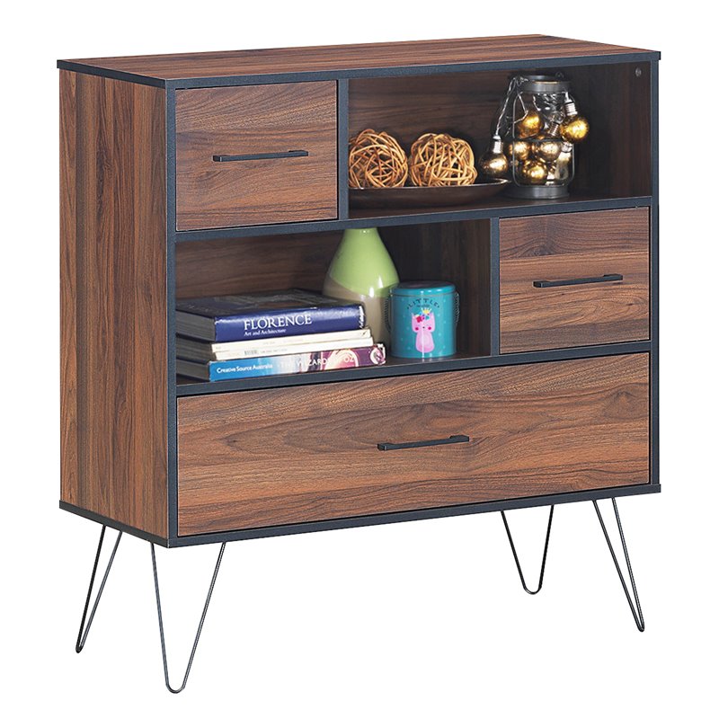 Pemberly Row Engineered Wood Sideboard with Metal Leg and Drawers in Walnut