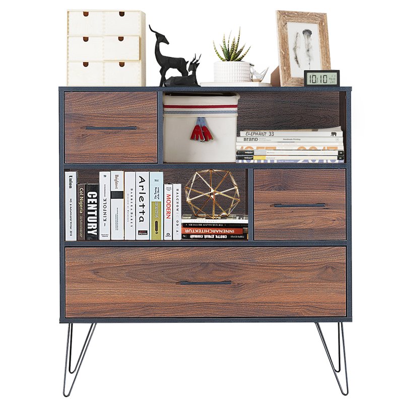Pemberly Row Engineered Wood Sideboard with Metal Leg and Drawers in Walnut