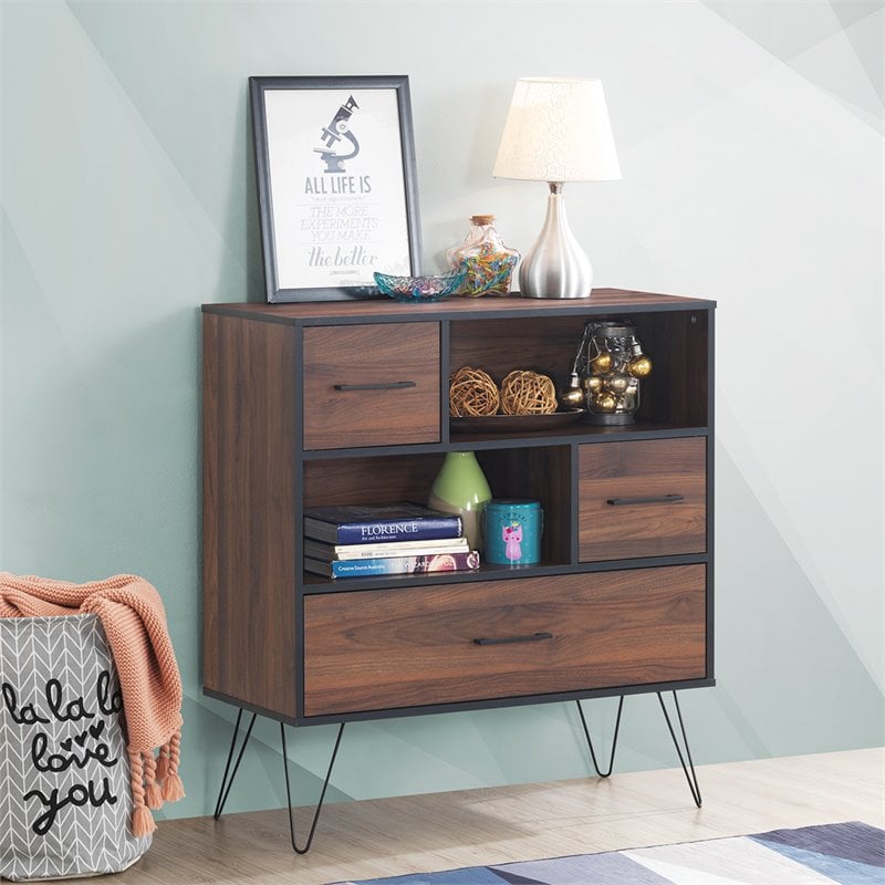 Pemberly Row Engineered Wood Sideboard with Metal Leg and Drawers in Walnut