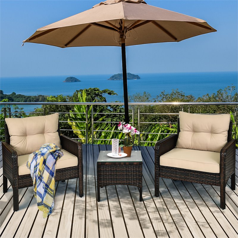 Pemberly Row 3-piece Rattan Patio Furniture Set with Sofa Chair in Beige