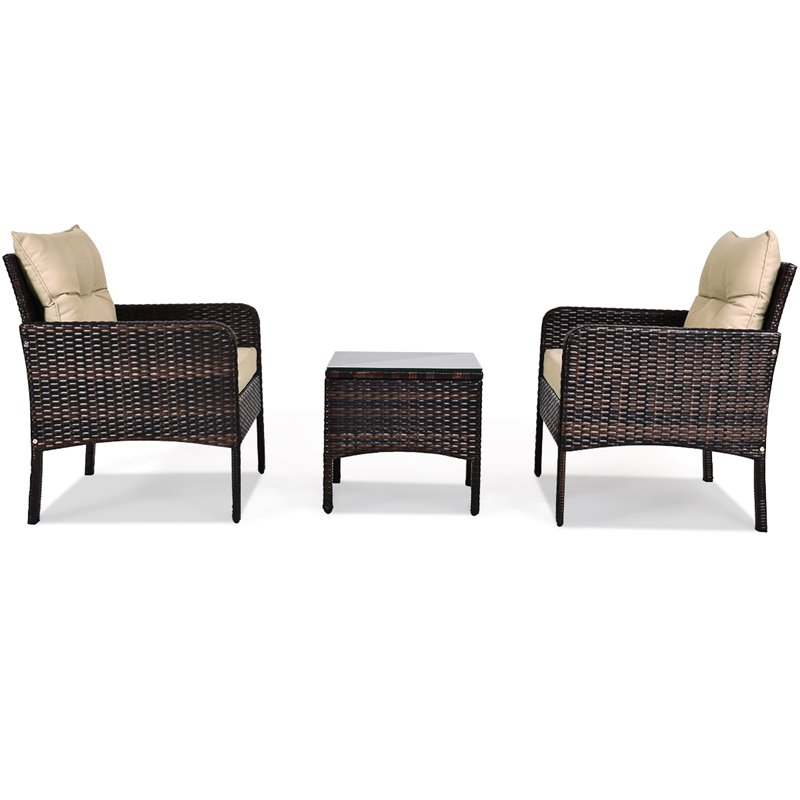 Pemberly Row 3-piece Rattan Patio Furniture Set with Sofa Chair in Beige