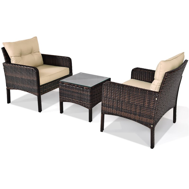 Pemberly Row 3-piece Rattan Patio Furniture Set with Sofa Chair in Beige