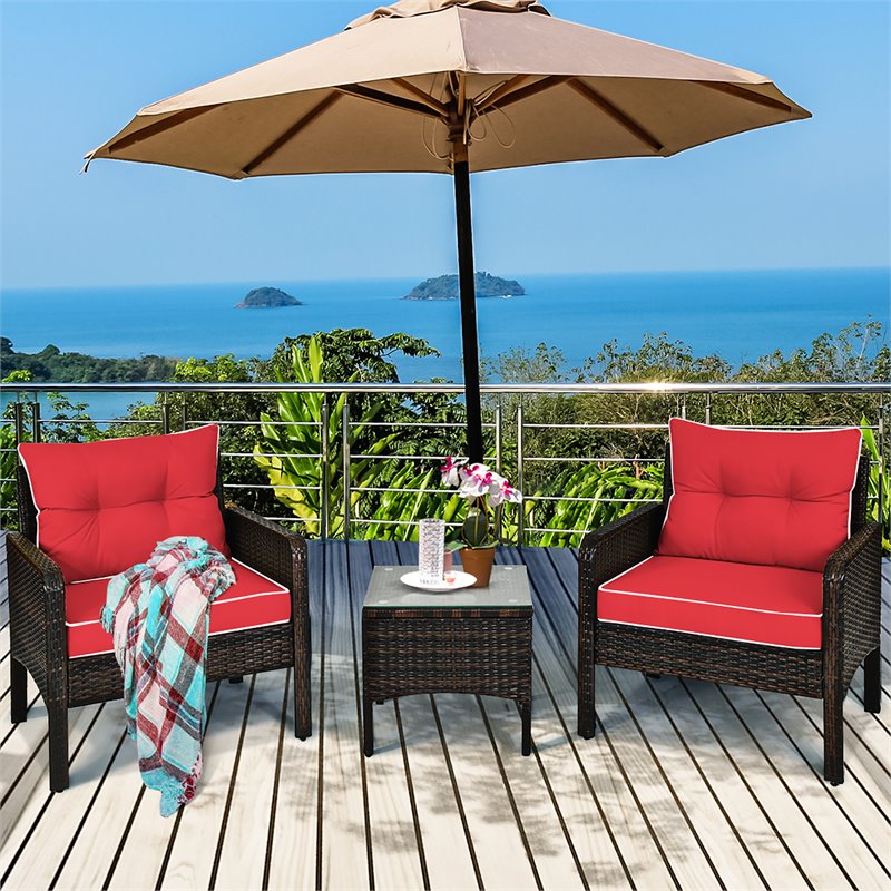 Pemberly Row 3-piece Rattan Patio Furniture Set with Sofa Chair in Red
