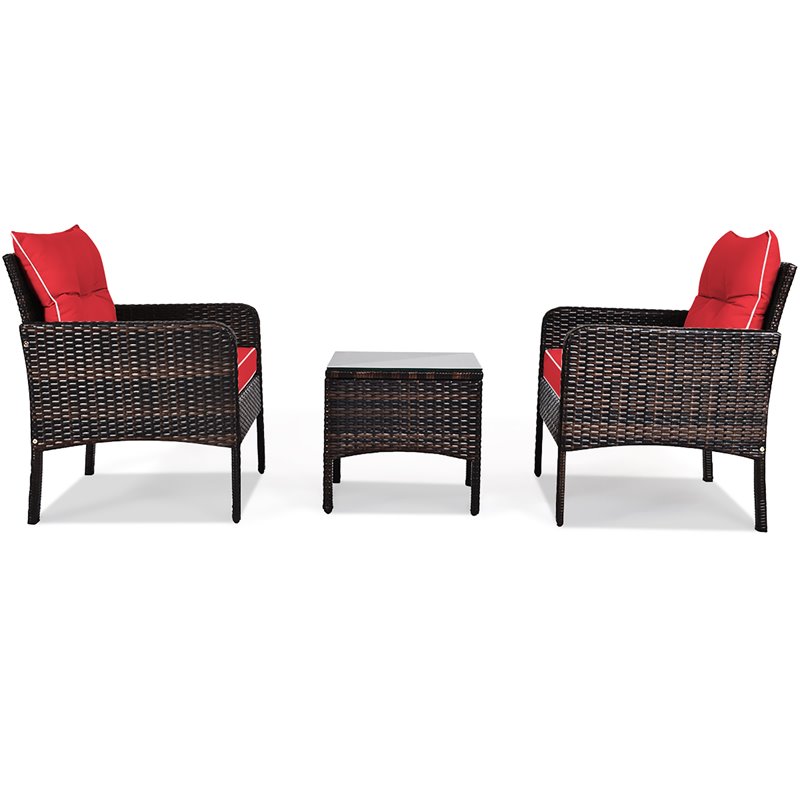 Pemberly Row 3-piece Rattan Patio Furniture Set with Sofa Chair in Red