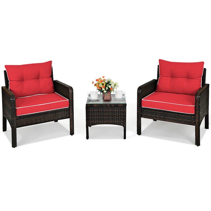 Pemberly Row 3-piece Rattan Patio Furniture Set with Sofa Chair in Red