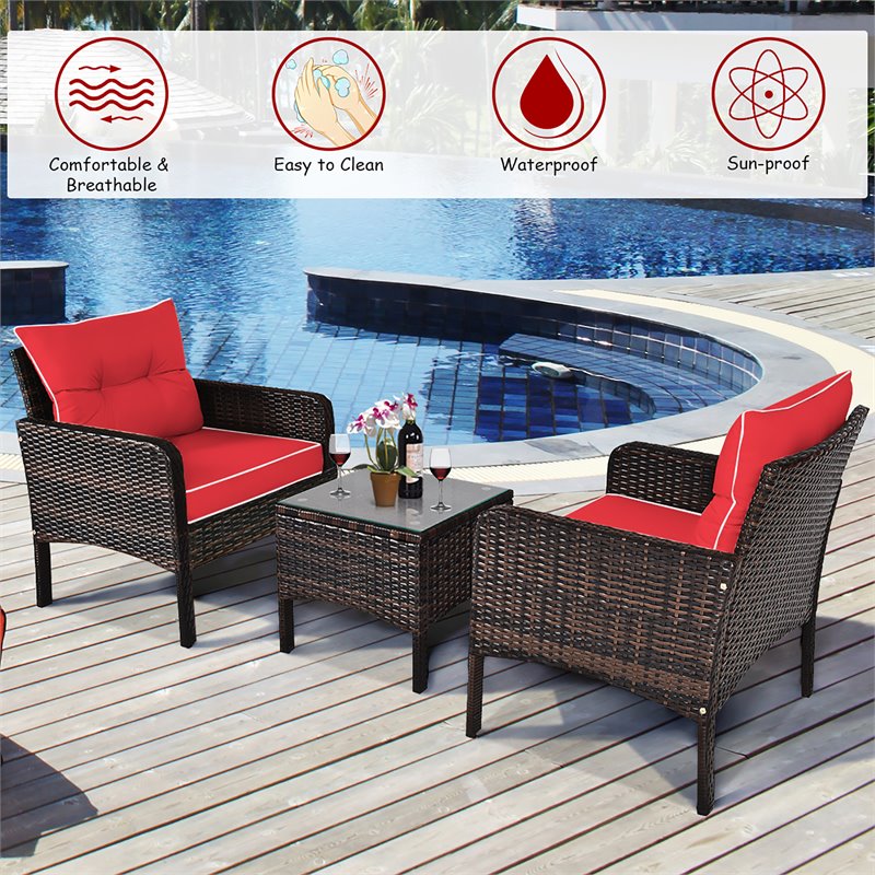 Pemberly Row 3-piece Rattan Patio Furniture Set with Sofa Chair in Red