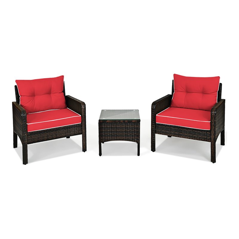 Pemberly Row 3-piece Rattan Patio Furniture Set with Sofa Chair in Red