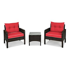 Pemberly Row 3-piece Rattan Patio Furniture Set with Sofa Chair in Red