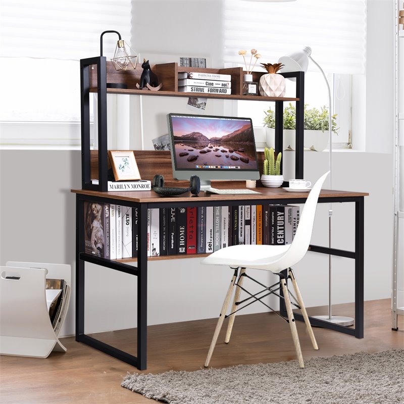 Pemberly Row MDF and Iron Computer Desk with Hutch Bookshelf in Walnut