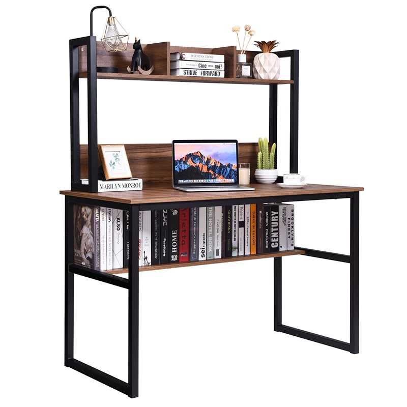 Pemberly Row MDF and Iron Computer Desk with Hutch Bookshelf in Walnut