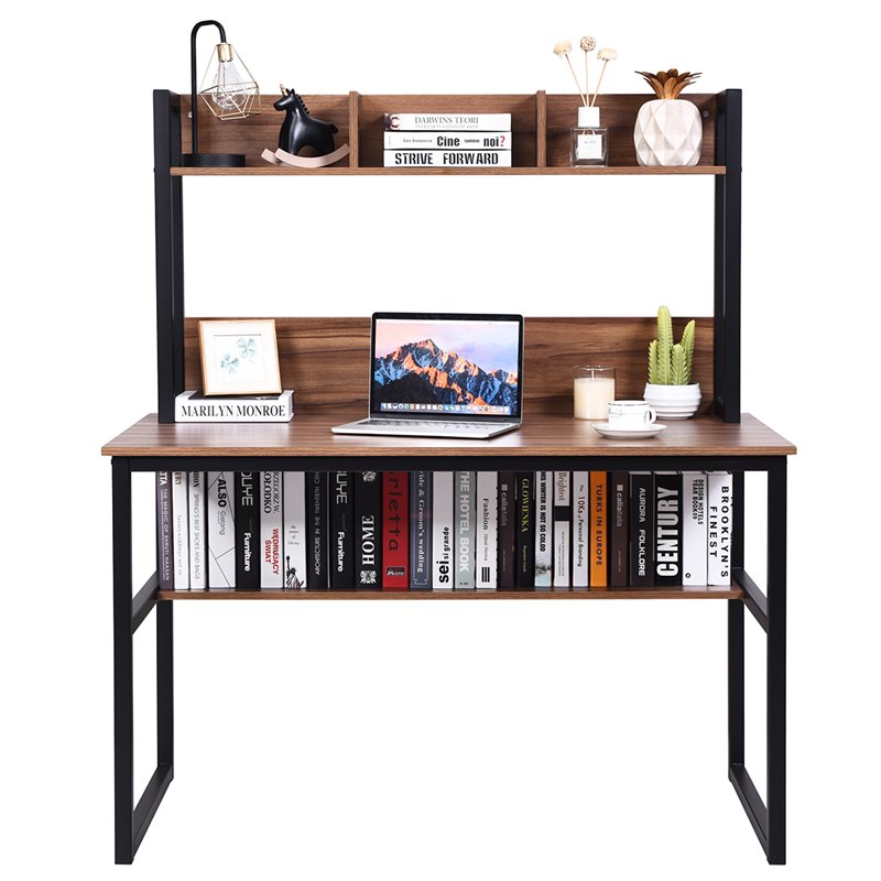 Pemberly Row MDF and Iron Computer Desk with Hutch Bookshelf in Walnut
