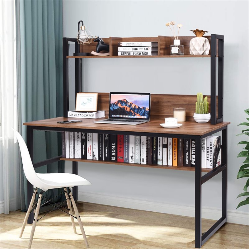 Pemberly Row MDF and Iron Computer Desk with Hutch Bookshelf in Walnut