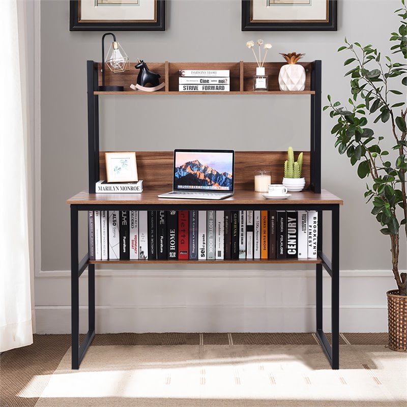 Pemberly Row MDF and Iron Computer Desk with Hutch Bookshelf in Walnut