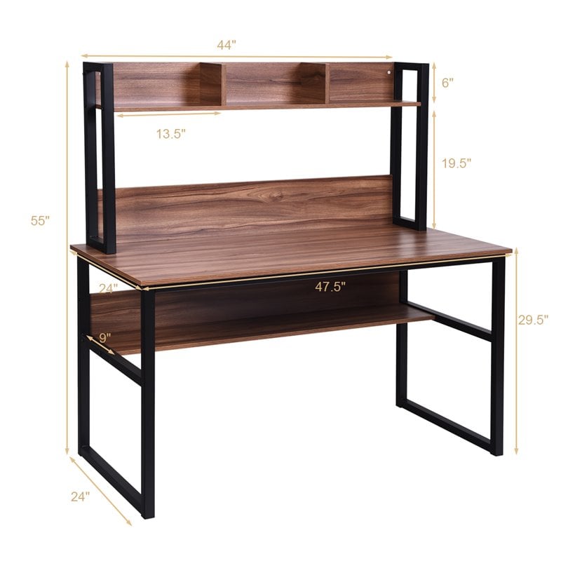 Pemberly Row MDF and Iron Computer Desk with Hutch Bookshelf in Walnut