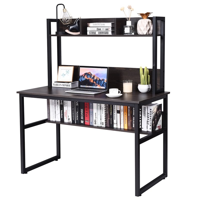 Pemberly Row MDF and Iron Computer Desk with Hutch Bookshelf in Brown