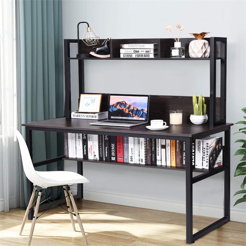 Pemberly Row MDF and Iron Computer Desk with Hutch Bookshelf in Brown
