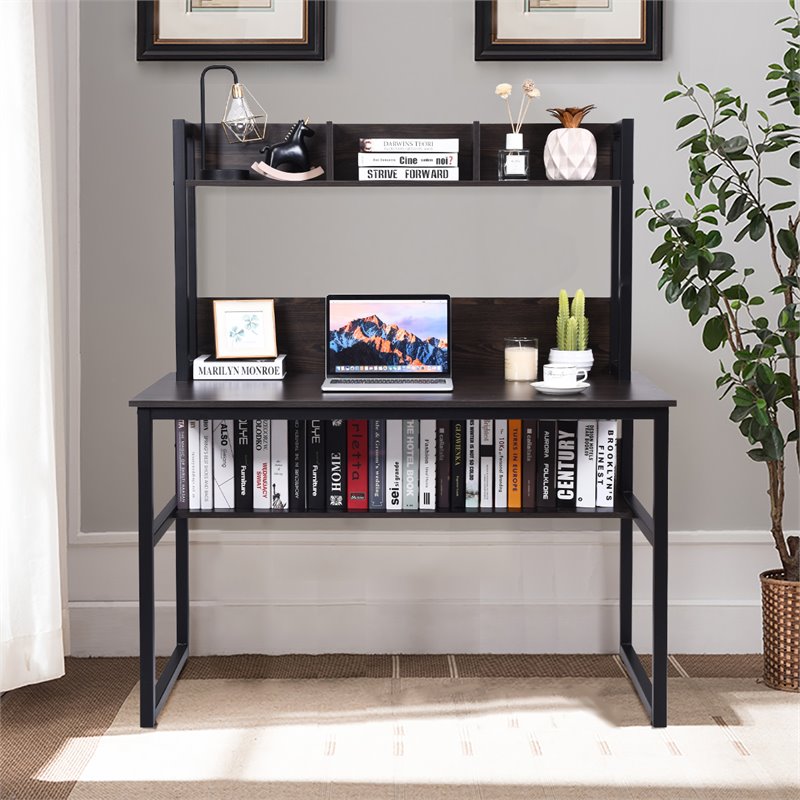 Pemberly Row MDF and Iron Computer Desk with Hutch Bookshelf in Brown