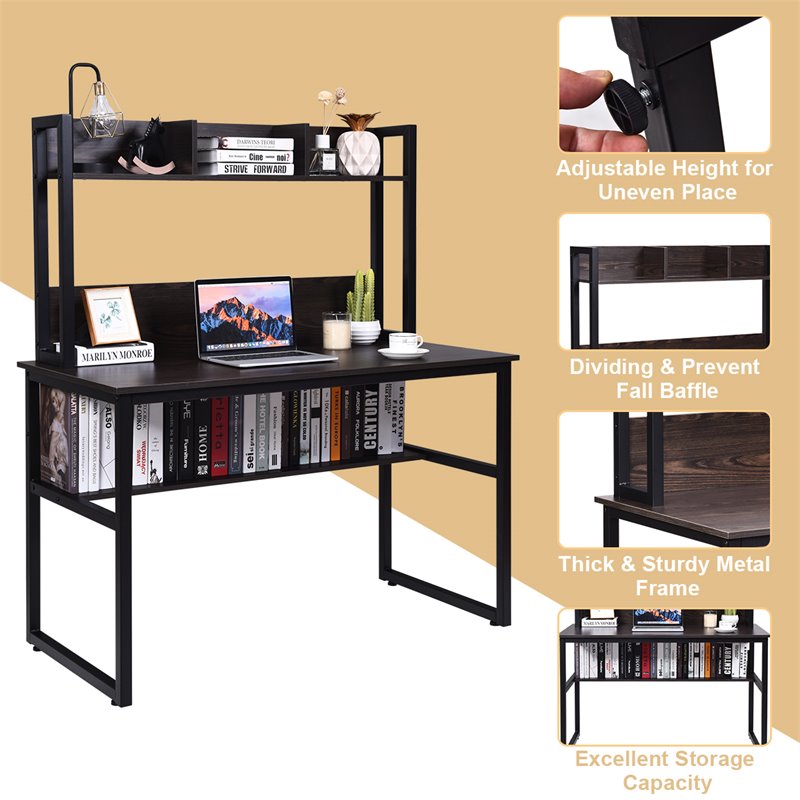 Pemberly Row MDF and Iron Computer Desk with Hutch Bookshelf in Brown