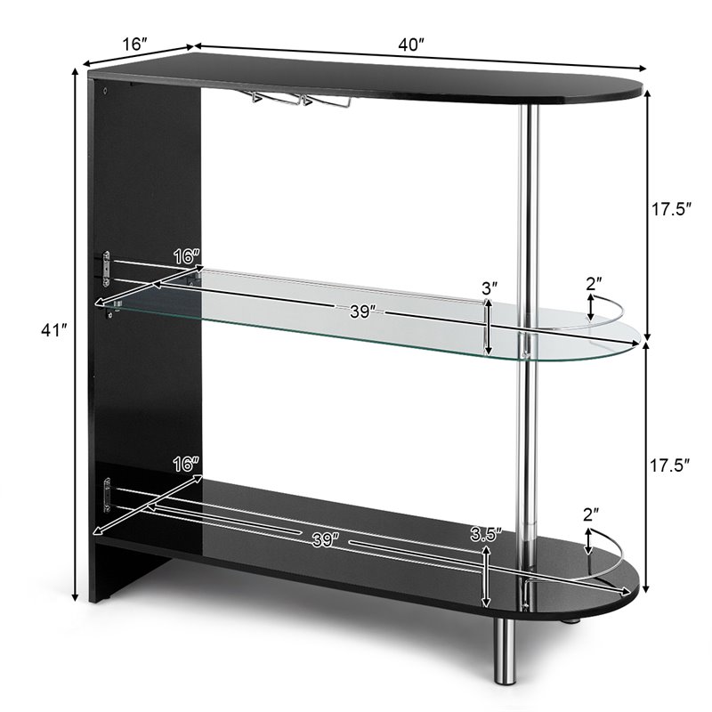 Pemberly Row Metal and MDF Bar Table with Tempered Glass Shelf in Black
