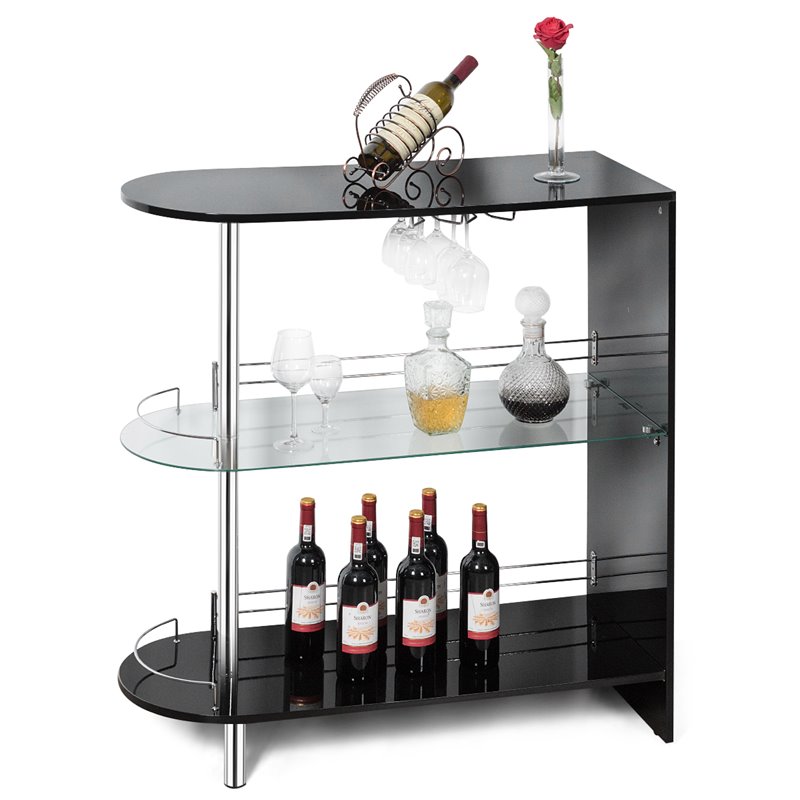 Pemberly Row Metal and MDF Bar Table with Tempered Glass Shelf in Black