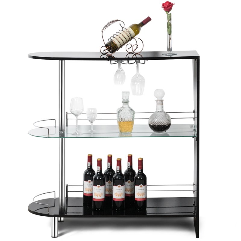 Pemberly Row Metal and MDF Bar Table with Tempered Glass Shelf in Black