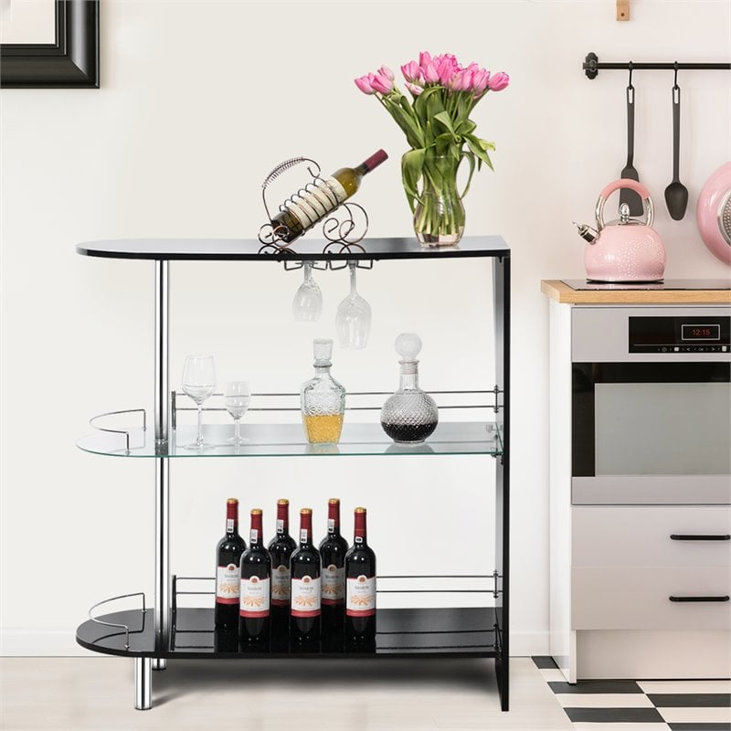 Pemberly Row Metal and MDF Bar Table with Tempered Glass Shelf in Black