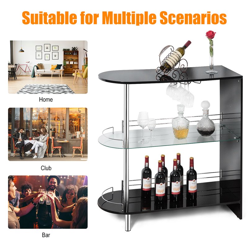 Pemberly Row Metal and MDF Bar Table with Tempered Glass Shelf in Black