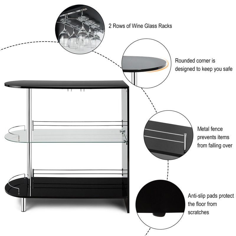 Pemberly Row Metal and MDF Bar Table with Tempered Glass Shelf in Black