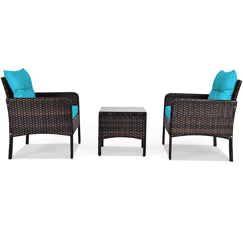 Pemberly Row 3-piece Rattan Patio Furniture Set with Sofa Chair in Turquoise