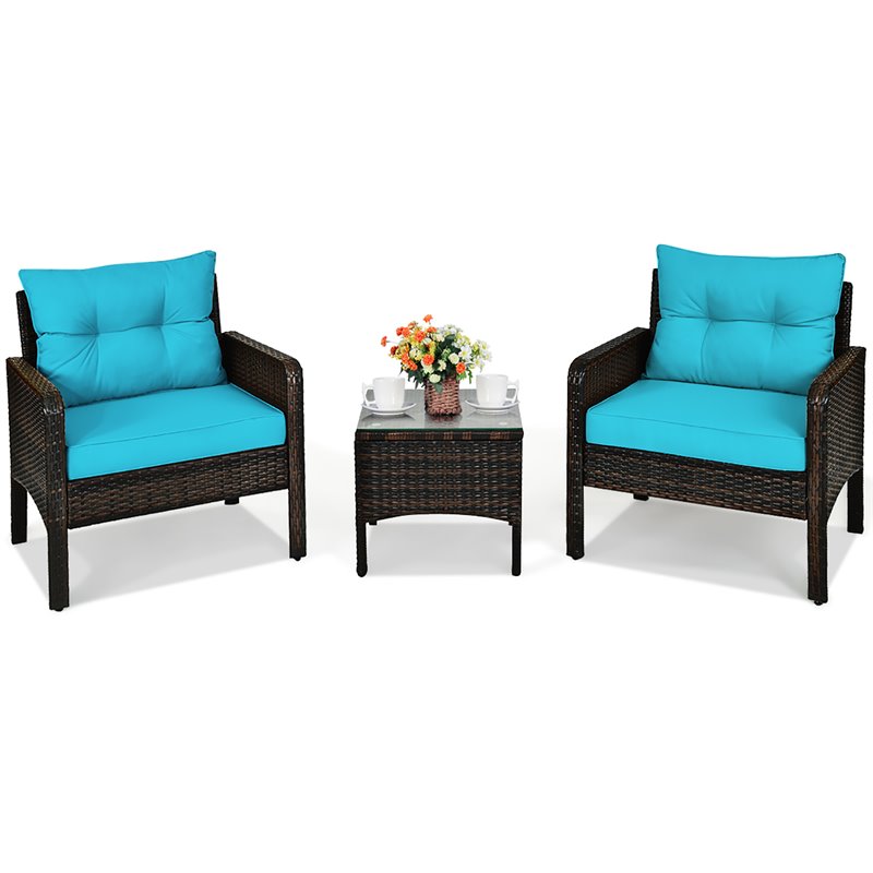 Pemberly Row 3-piece Rattan Patio Furniture Set with Sofa Chair in Turquoise