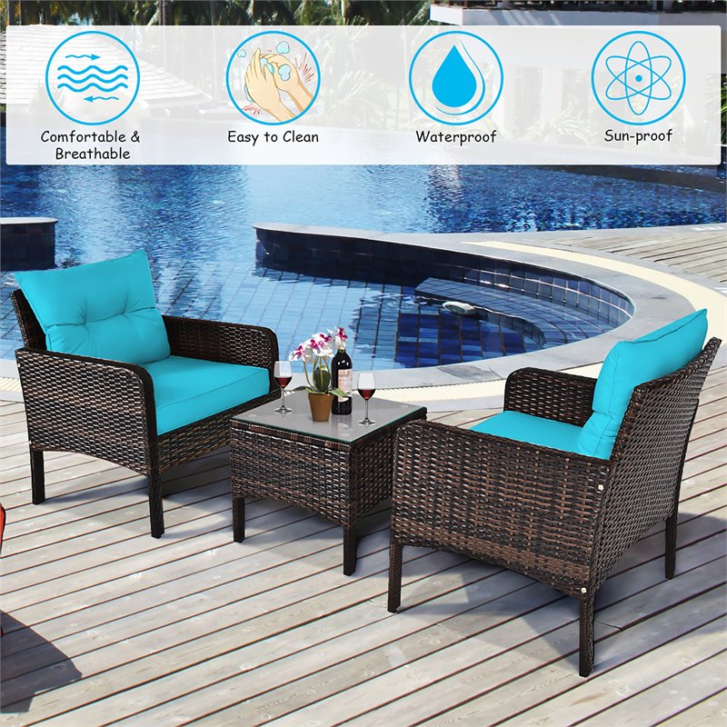 Pemberly Row 3-piece Rattan Patio Furniture Set with Sofa Chair in Turquoise