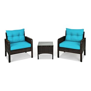 Pemberly Row 3-piece Rattan Patio Furniture Set with Sofa Chair in Turquoise