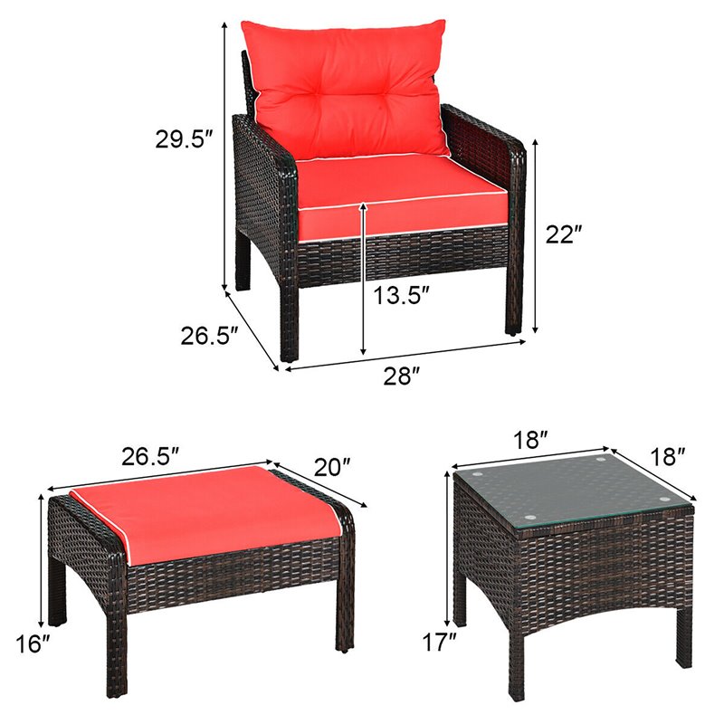 Pemberly Row 5-piece Rattan & Steel Patio Furniture Set with 2 Ottomans in Red